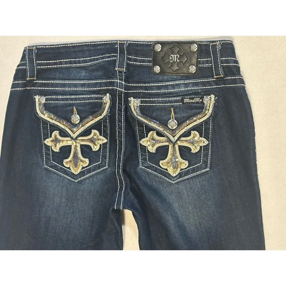 MISS ME Signature Sequin Cross Low Rise Rhinestone Flap Skinny Jeans‎ SZ 30